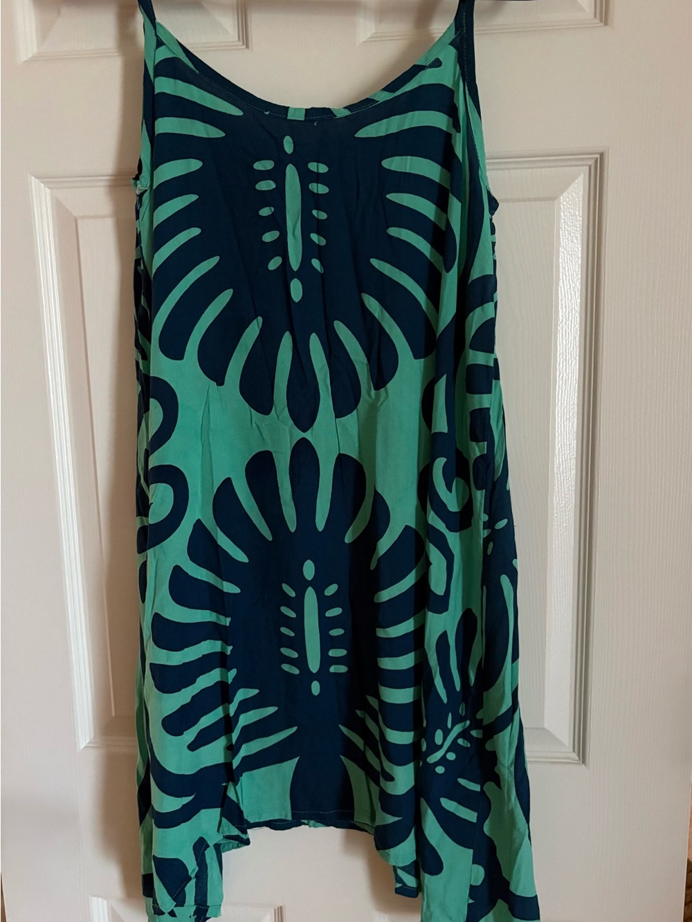 Green & Navy Asymmetrical Printed Slip Dress